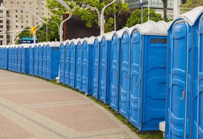 a line of spacious and well-maintained portable restrooms in Addison